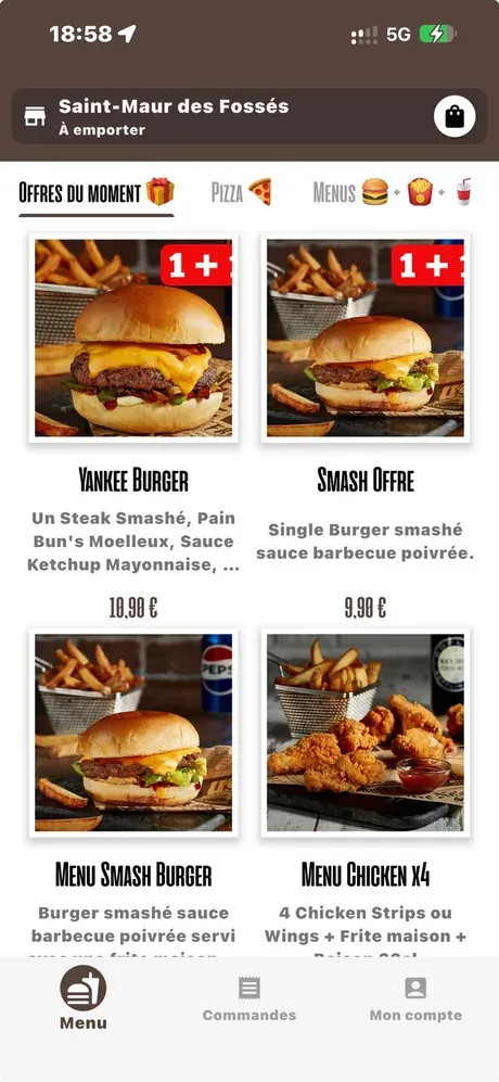 Le menu de l'application : les offres du moment, les pizzas et les menus